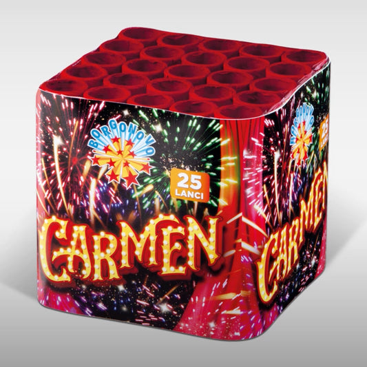 Batteria di fuochi d'artificio Carmen da 25 colpi calibro 20mm ideale per compleanno, capodanno, ferragosto