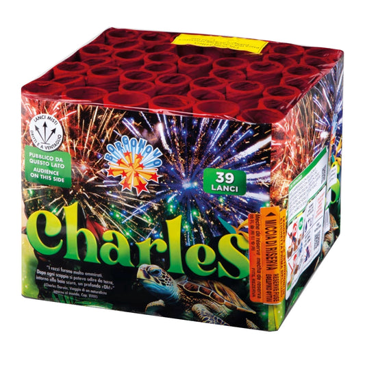 Batteria di fuochi d'artificio Charles da 39 colpi calibro 25-30mm ideale per matrimonio, compleanno, capodanno, ferragosto