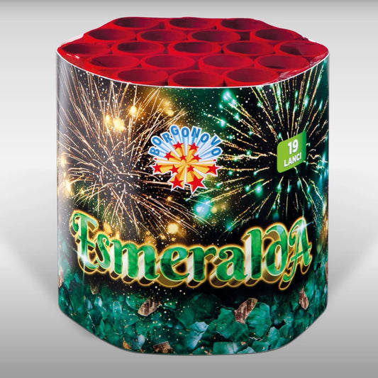 Batteria di fuochi d'artificio Esmeralda da 19 colpi calibro 30mm ideale per matrimonio, compleanno, capodanno, ferragosto