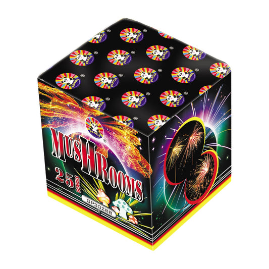 Batteria di fuochi d'artificio Mushrooms da 25 colpi calibro 20mm ideale per compleanno, capodanno, ferragosto