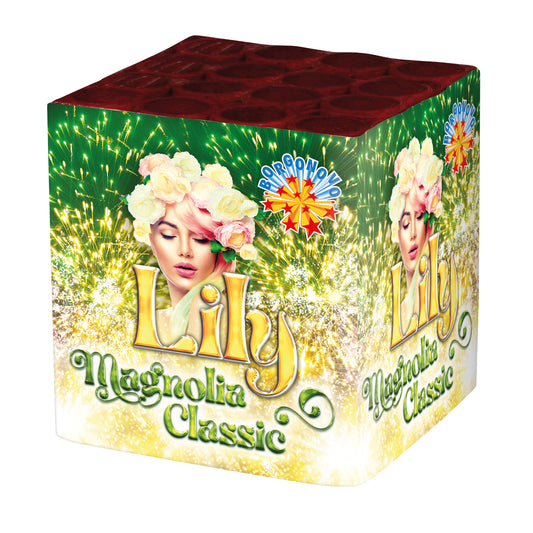 Batteria di fuochi d'artificio Lily Magnolia Verde da 16 colpi calibro 22mm ideale per compleanno, capodanno, ferragosto