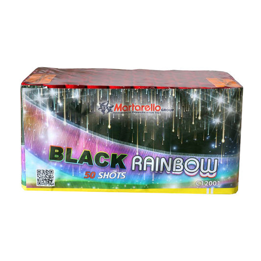 Batteria di fuochi d'artificio Black Rainbow da 50 colpi calibro 25mm ideale per matrimonio, compleanno, capodanno, ferragosto