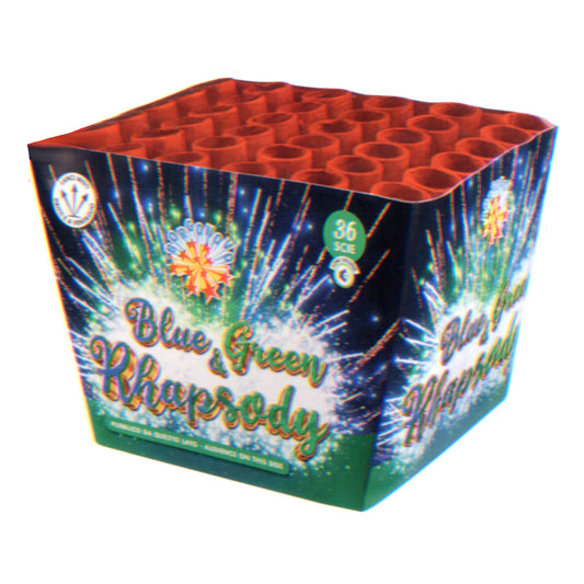 Batteria di fuochi d'artificio Blue Green Rhapsody da 36 colpi calibro 25mm ideale per matrimonio, compleanno, capodanno, ferragosto