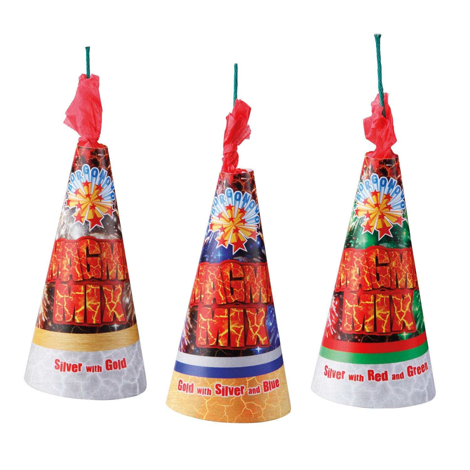 Magma Mix (3pz) - Borgonovo - Bellissimo set di fontane pirotecniche assortite: oro blue argento, argento e oro, argento rosso ...