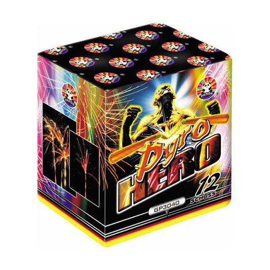 Batteria di fuochi d'artificio Pyro Hero da 12 colpi calibro 30mm ideale per compleanno, capodanno, ferragosto
