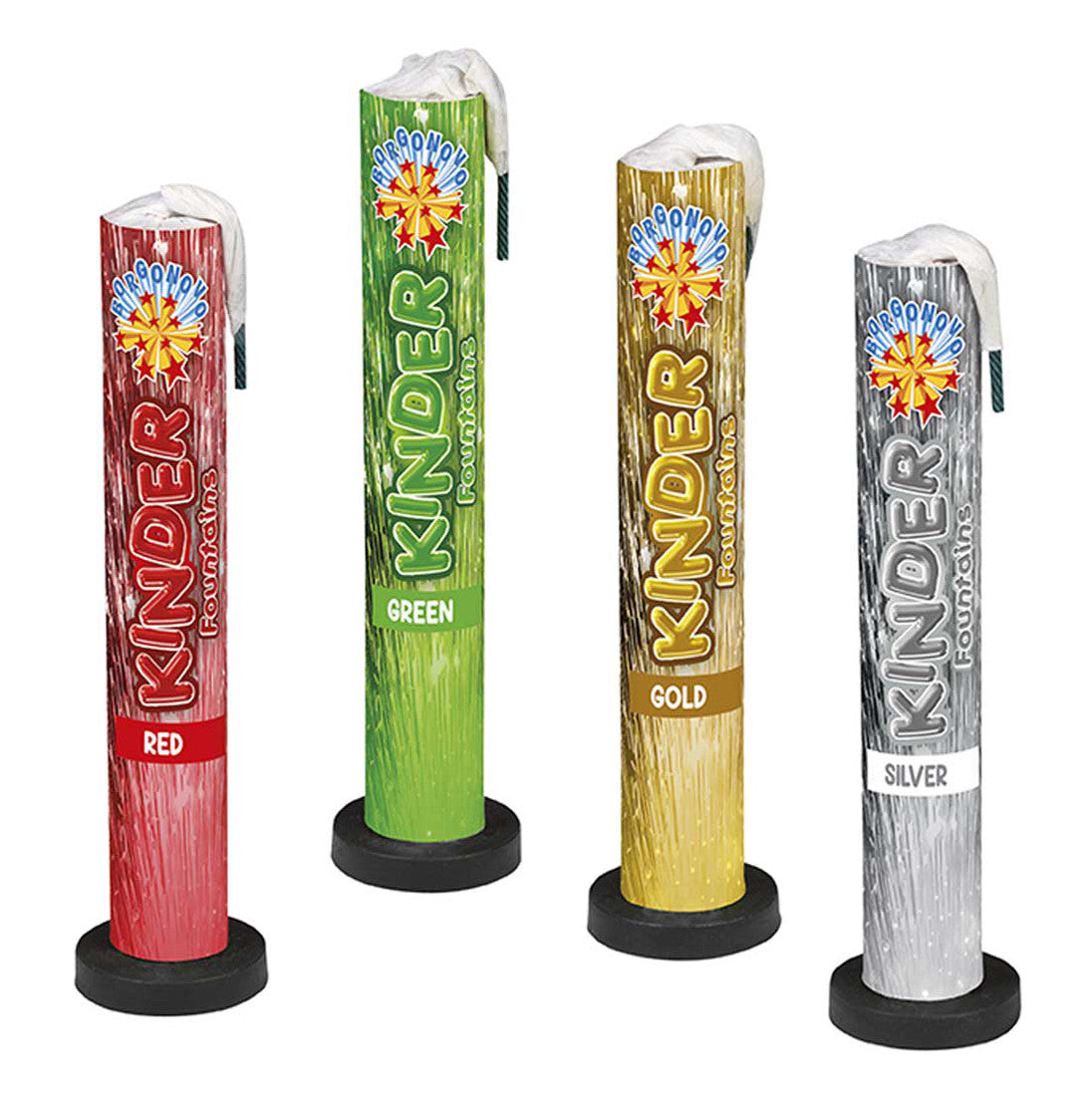 Kinder Fountains (4pz) - Borgonovo - Fontane pirotecniche assortite: oro, rosso, verde, argento.