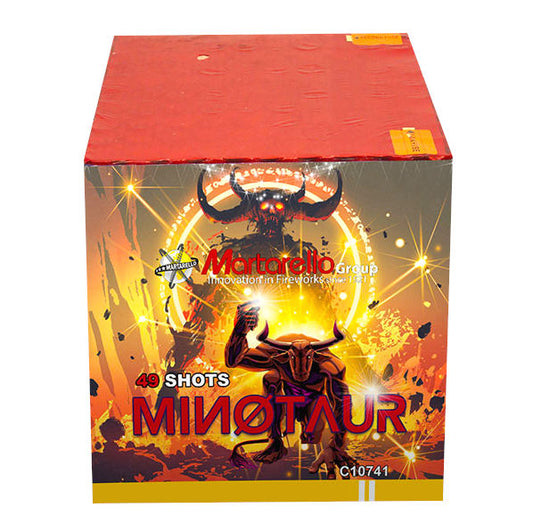 Batteria di fuochi d'artificio Minotaur da 49 colpi calibro 25mm ideale per compleanno, capodanno, ferragosto