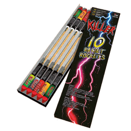Razzi Killer (10pz) - Jorge - Busta di razzi assortiti con aperture colorate e scia oro (aperture: oro + verde lampeggiante / a...
