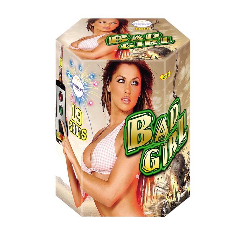 Bad Girl - Stardust - Batteria pirotecnica con colpi di grosso calibro composta da aperture argento/oro con stelle verd...