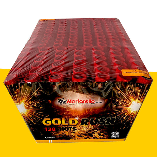 Batteria di fuochi d'artificio Gold Rush da 130 colpi calibro 25-30mm ideale per matrimonio, compleanno, capodanno, ferragosto