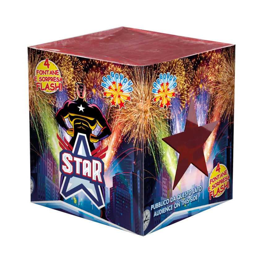 Star - Borgonovo - Bellissimo spettacolo di 4 fontane pirotecniche assortite con stelle blu, rosse e verdi, crisante...