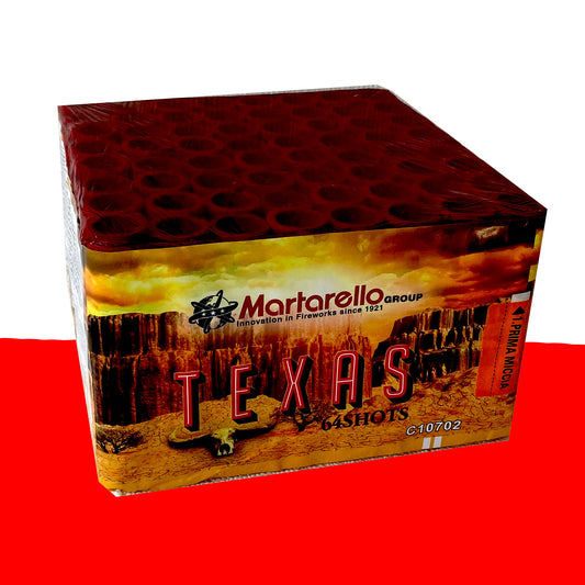 Batteria di fuochi d'artificio Texas da 64 colpi calibro 20mm ideale per matrimonio, compleanno, capodanno, ferragosto