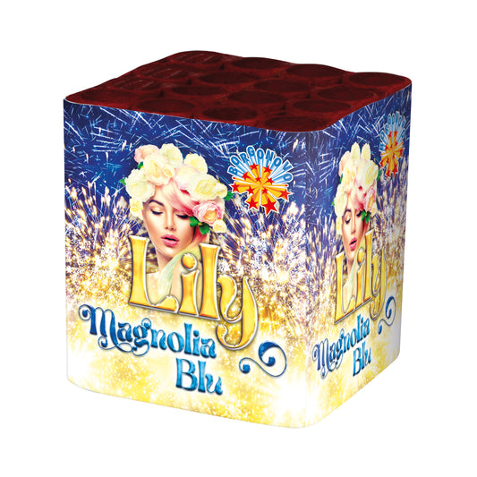 Batteria di fuochi d'artificio Lily Magnolia Blu da 16 colpi calibro 22mm ideale per compleanno, capodanno, ferragosto