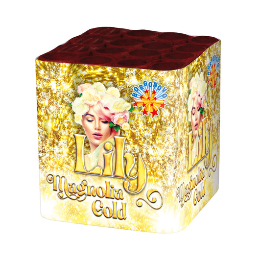 Batteria di fuochi d'artificio Lily Magnolia Oro da 16 colpi calibro 22mm ideale per compleanno, capodanno, ferragosto