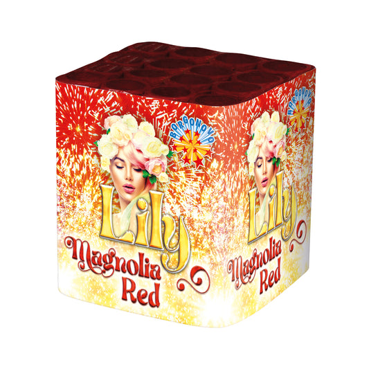 Batteria di fuochi d'artificio Lily Magnolia Rossa da 16 colpi calibro 22mm ideale per compleanno, capodanno, ferragosto